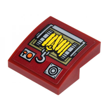dark red slope curved 2 x 2 x 2 3 with buttons winch with yellow rope and hook pattern sticker - set 70592