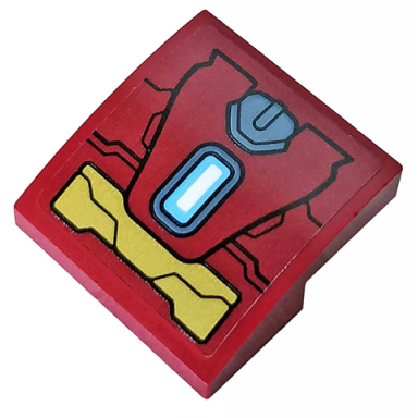 dark red slope curved 2 x 2 x 2 3 with dark red and gold armor plates and rectangular arc reactor pattern sticker - set 76104