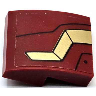 dark red slope curved 2 x 2 x 2 3 with gold iron man hulkbuster armor plates with black lines pattern side a sticker - set 76105