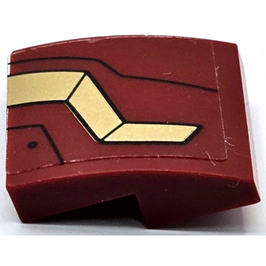 dark red slope curved 2 x 2 x 2 3 with gold iron man hulkbuster armor plates with black lines pattern side b sticker - set 76105