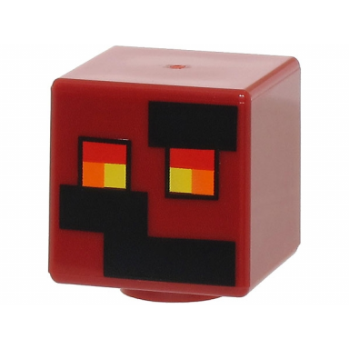 dark red minifigure head modified cube with pixelated black rectangles and red orange and yellow eyes pattern minecraft magma cube