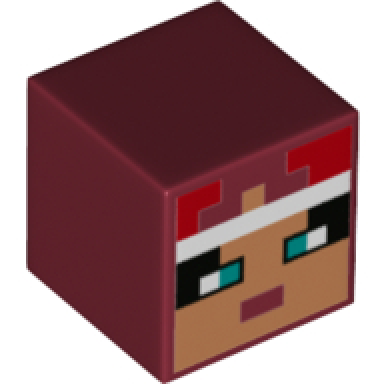 dark red minifigure head modified cube with pixelated nougat face dark turquoise eyes white headband and red hair pattern minecraft valorie