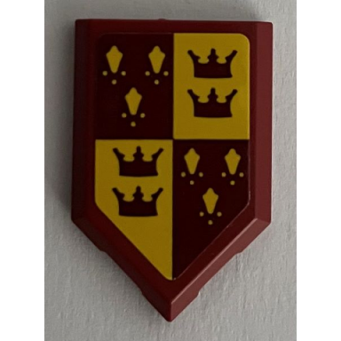 dark red tile modified 2 x 3 pentagonal with dark red and yellow gryffindor banner with crowns pattern sticker - set 76395