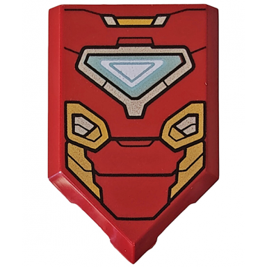 dark red tile modified 2 x 3 pentagonal with arc reactor and gold armor plates pattern