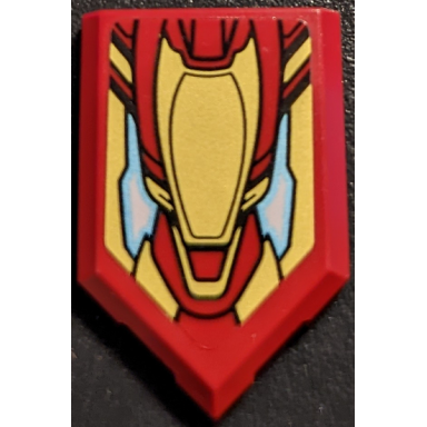 dark red tile modified 2 x 3 pentagonal with iron man shield with gold and metallic light blue armor plates pattern sticker - set 76192