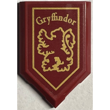dark red tile modified 2 x 3 pentagonal with gold gryffindor shield with lion pattern sticker - set 76408