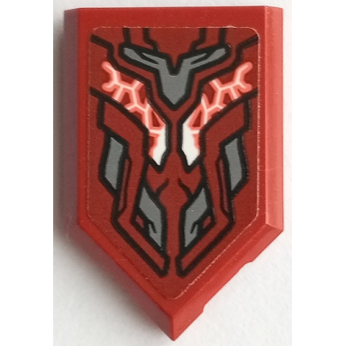 dark red tile modified 2 x 3 pentagonal with armor with black outlines dark bluish gray highlights white and coral cosmic energy symmetrical pattern sticker - set 76155