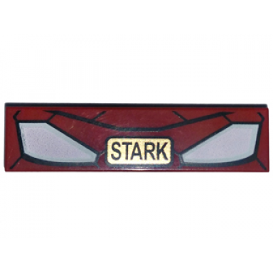 dark red tile 1 x 4 with iron man mask and gold stark pattern