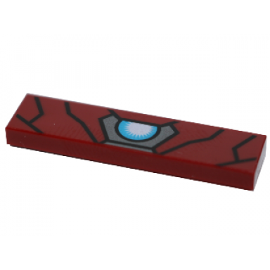 dark red tile 1 x 4 with black lines and blue and white half circle pattern