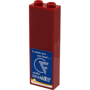 dark red brick 1 x 2 x 5 with white a name you can trust.. unlike sinclaaair!!! and symbols on blue background pattern sticker - set 60271
