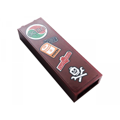dark red brick 1 x 2 x 5 with octan piston clutch drive and skull with wrenches logos pattern sticker - set 60258