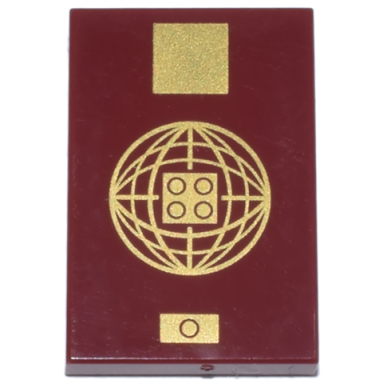 dark red tile 2 x 3 with passport cover with gold square sphere with lines and 2 x 2 studs and biometric symbol pattern