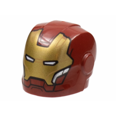 dark red minifigure headgear helmet armor plates and ear protectors with gold faceplate with medium nougat lines white eye slits and silver trim pattern