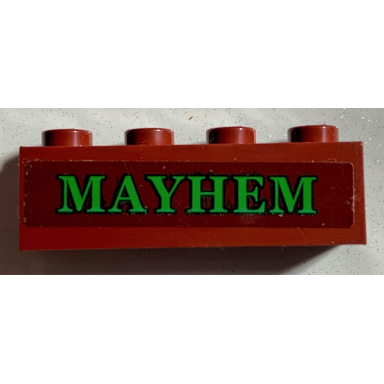dark red brick 1 x 4 with green mayhem pattern sticker - set 75978