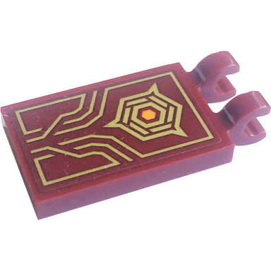 dark red tile modified 2 x 3 with 2 open o clips with orange hexagon pearl gold lines and border pattern sticker - set 71790