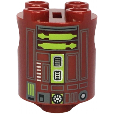 dark red brick round 2 x 2 x 2 robot body with bottom axle holder x shape orientation with sw astromech droid dark bluish gray rectangles and lime utility arms pattern