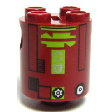 dark red brick round 2 x 2 x 2 robot body with black rectangle outlines and lime pattern r7-a7