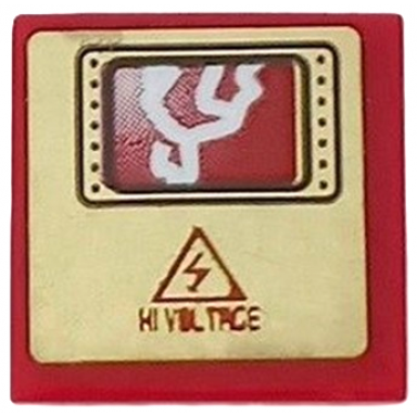 dark red tile 2 x 2 with screen electricity danger sign and hi voltage on gold background pattern sticker - set 8107