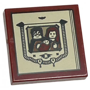 dark red tile 2 x 2 with tan scrapbook with black details and family portrait of parents james and lily potter with baby harry potter pattern