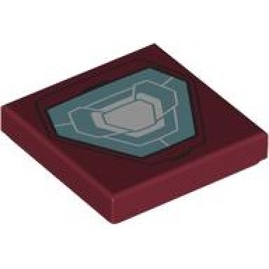 dark red tile 2 x 2 with white and metallic light blue hexagonal arc reactor pattern