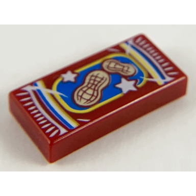 dark red tile 1 x 2 with peanuts bag package and tan peanuts on blue background pattern