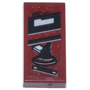 dark red tile 1 x 2 with book with black and white banner witch hat and wand pattern sticker - set 76218