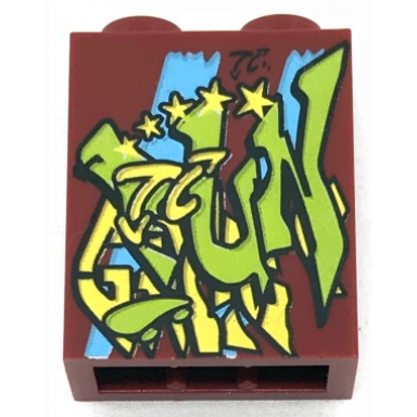 dark red brick 1 x 2 x 2 with inside stud holder with graffiti pattern
