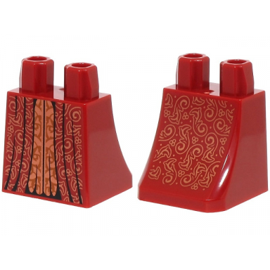 dark red lower body skirt with robe ends with black folds copper center panel and filigree pattern