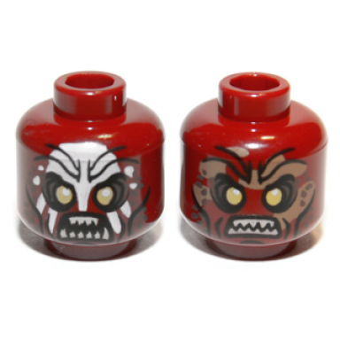 dark red minifigure head dual sided alien orc with yellow eyes dark brown eye shadow and spots black cheek lines and chin dimple furrowed brow white face paint and angry open mouth with tan sharp teeth parted dark tan dirt stains and bared teeth pattern