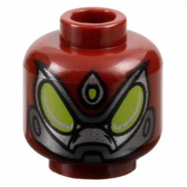 dark red minifigure head alien with large lime eyes and forehead jewel silver eye outlines dark silver lower jaw pattern