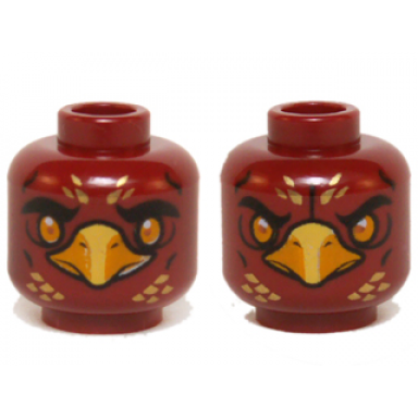 dark red minifigure head dual sided alien chima phoenix with bright light orange eyes and beak gold feathers neutral stern pattern fluminox
