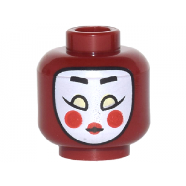 dark red minifigure head female white kabuki mask with black eyebrows yellowish green eyes red cheeks and lips pattern