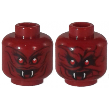 dark red minifigure head dual sided red eyes curved white fangs smile slight wavy lines twisted smile prominent wavy lines pattern