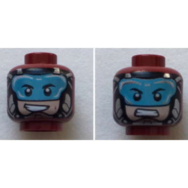 dark red minifigure head dual sided black eyebrows light blue visor mouth open grim pattern atom