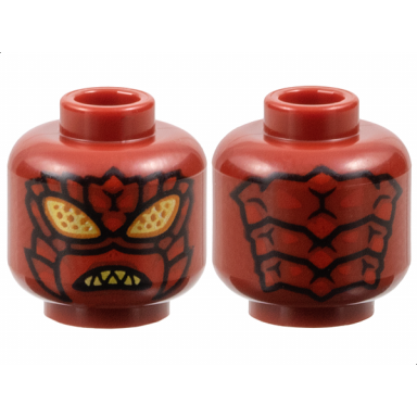 dark red minifigure head alien insect with gold eyes with dark orange dots exoskeleton segments and mandibles with red spikes angry bared sharp teeth pattern