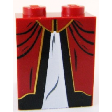 dark red slope 65 2 x 2 x 2 with bottom tube with minifigure dress skirt robe white panel with black and gold trim pattern