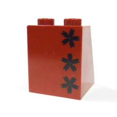 dark red slope 65 2 x 2 x 2 with bottom tube with minifigure dress skirt robe kimono with three black flowers pattern