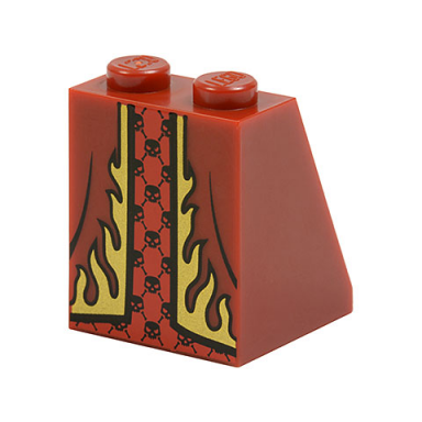 dark red slope 65 2 x 2 x 2 with bottom tube with minifigure dress skirt robe gold flames trim over red panel with black skulls pattern