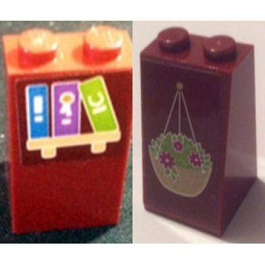 dark red slope 75 2 x 2 x 3 - solid studs with hanging basket on front and bookshelf on back pattern stickers - set 41126