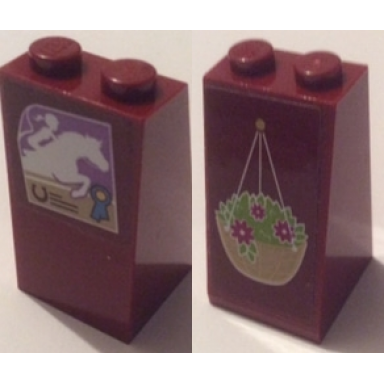 dark red slope 75 2 x 2 x 3 - solid studs with hanging basket on front and poster of horse and rider on back pattern stickers - set 41126