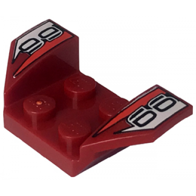 dark red vehicle mudguard 2 x 4 with flared wings with red triangles and stylized black 66 on white pattern