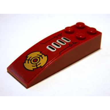 dark red slope curved 6 x 2 with 4 black silver bars and gold disk pattern sticker - set 8102