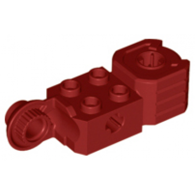 dark red technic brick modified 2 x 2 with axle hole rotation joint ball half vertical and fist