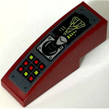 dark red slope curved 3 x 1 with dark bluish gray control panel with red and lime buttons lights step drill and light bluish gray joystick pattern sticker - set 70669