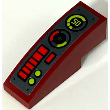 dark red slope curved 3 x 1 with dark bluish gray control panel with red and lime buttons lights and 50 pattern sticker - set 70669