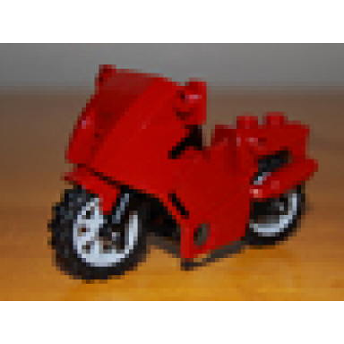 dark red motorcycle city with black chassis long fairing mounts and light bluish gray wheels