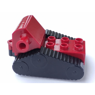 dark red duplo crawler backhoe caterpillar 4 x 5 x 3 with black undercarriage with four wheels and fake treads