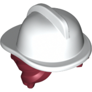 dark red minifigure hair combo hair with hat side bangs and bun with molded white fire helmet pattern