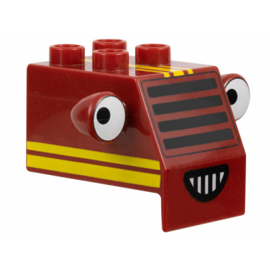 dark red duplo forklift front with black grille yellow stripes and white headlight eyes pattern bob the builder sumsy face