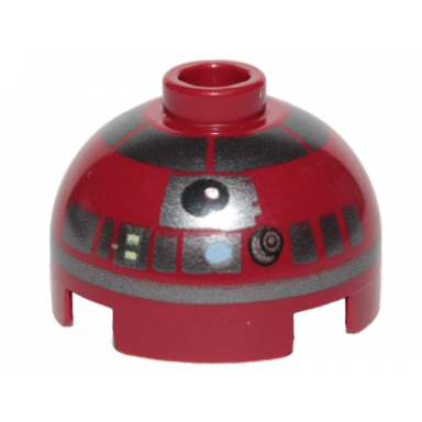 dark red brick round 2 x 2 dome top with silver band around dome blue dot pattern r4-p17
